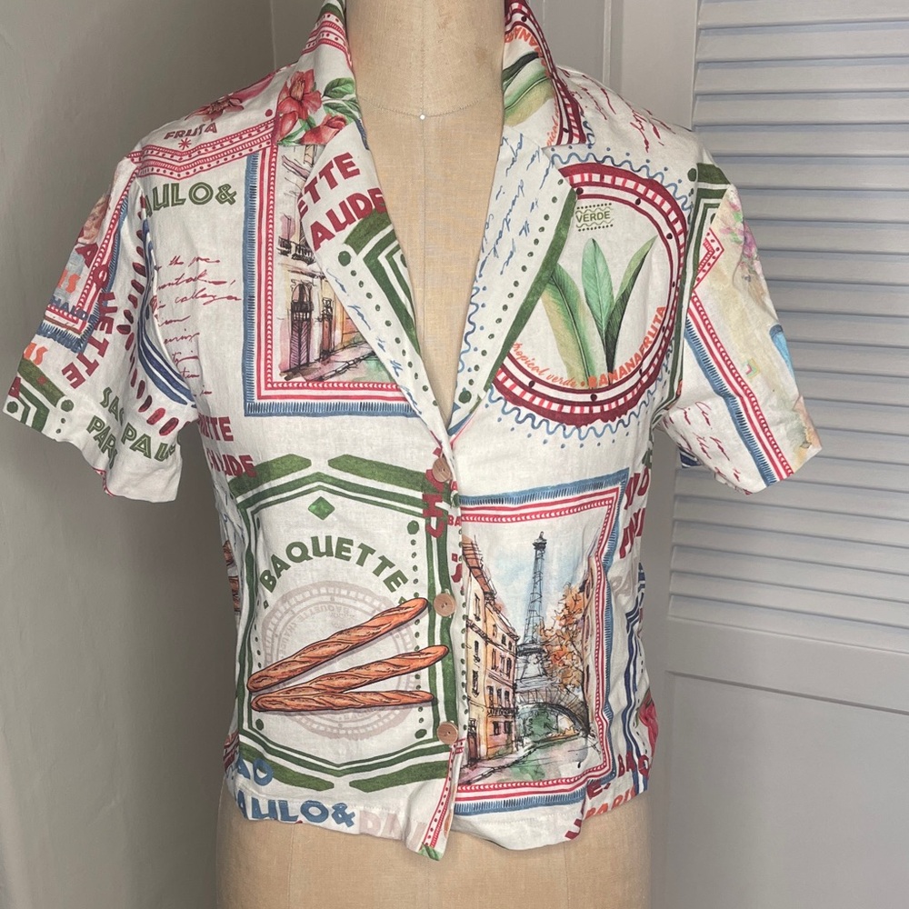Rachel Zoe Vacation Graphic Button-Up linen Shirt szS NWT